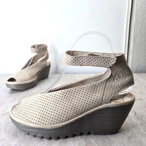 Fly London Peeptoe Sandal Taupe Leather Retro Comfort Platform Ankle Strap Wedge